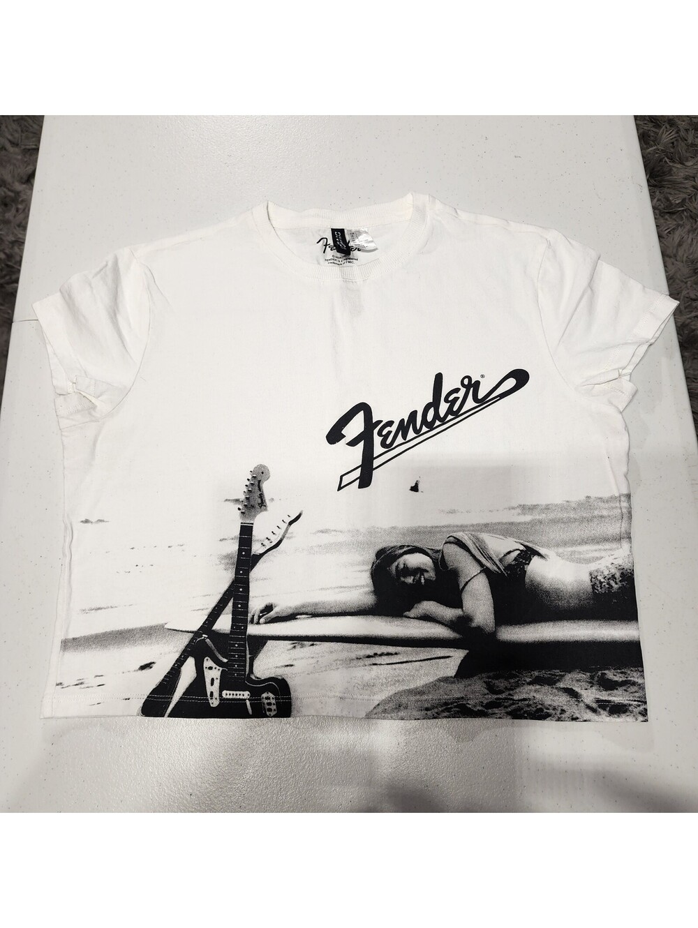 H&M White Black Fender Graphic Print Jersey Cotton Crew Neck T-Shirt Women's L